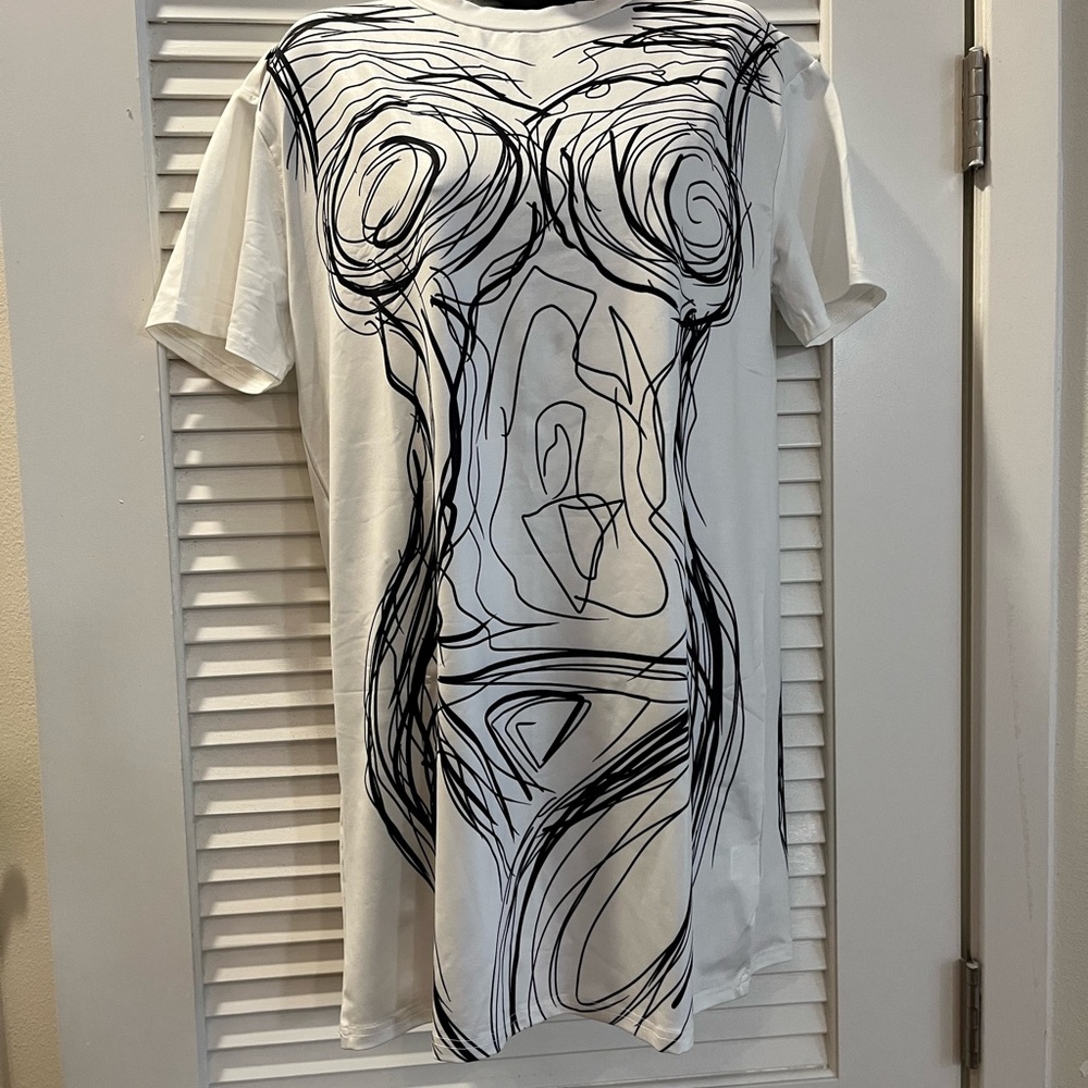 SHEIN White Mini Dress with Black Abstract Line Art